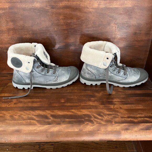 Palladium Women's Baggy High Top Lace Up Leather Distressed Grey Sherpa Size 10 - Picture 6 of 10